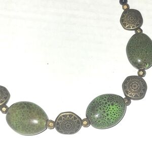 20" Necklace Bronze African Bead Green Ceramic and Jasper